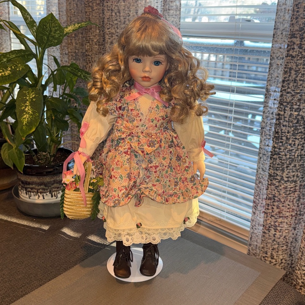 Vintage 19 inch Porcelain Doll with Stand